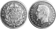 монета Франция 20 сантимов 1853