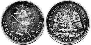 монета Мексика 25 сентаво 1890