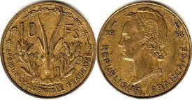 монета Французская Западная Африка 10 франков 1956