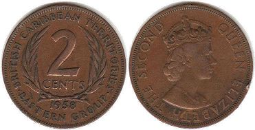 монета Британские Карибcкие Территории 2 цента 1958