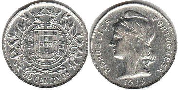 монета Португалия 50 сентаво 1913