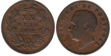 монета Португалия 20 рейс 1883