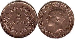 монета Португалия 5 рейс 1910