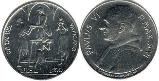 монета Ватикан 100 лир 1968
