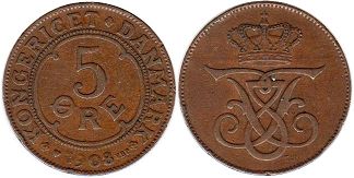 монета Дания 5 эре 1908