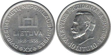 монета Литва 10 литов 1938