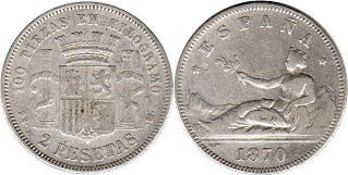 монета Испания 2 песеты 1870