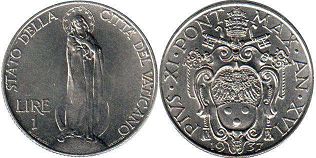 монета Ватикан 1 лира 1937