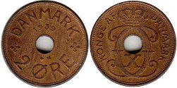 монета Дания 2 эре 1939