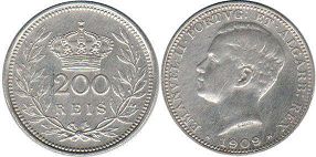 монета Португалия 200 рейс 1909