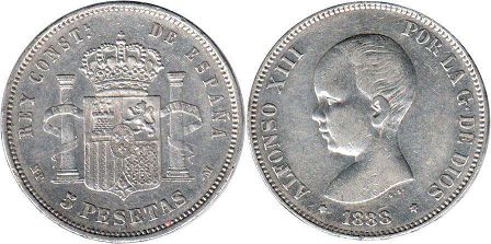 монета Испания 5 песет 1888