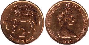 монетаОстровов Святой Елены и Вознесения 2 пенса 1984