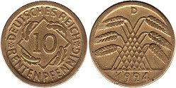 монета Германия Веймар 10 пфеннигов 1924