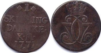 монета Дания 1 скиллинг 1771