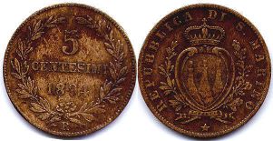 монета Сан-Марино 5 чентезими 1894