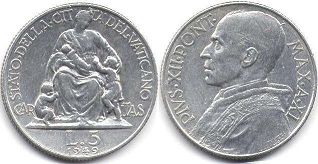 монета Ватикан 5 лир 1949