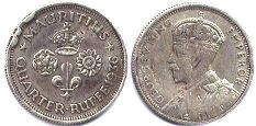 монета Маврикий 1/4 рупии 1936