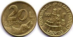 монета Сан-Марино 20 лир 1991