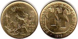 монета Сан-Марино 20 лир 1972