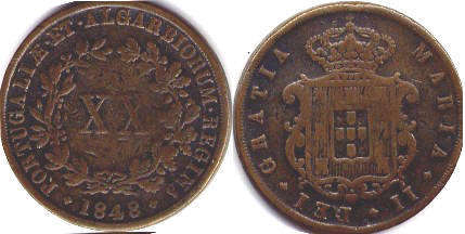 монета Португалия 20 рейс 1848